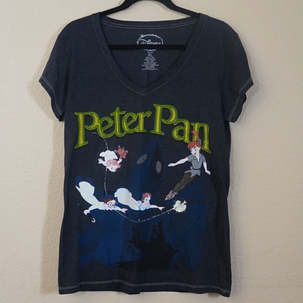 Disney Womens Vintage Peter Pan V-neck T-Shirt Huge Graphic y2k 2000s XL Juniors